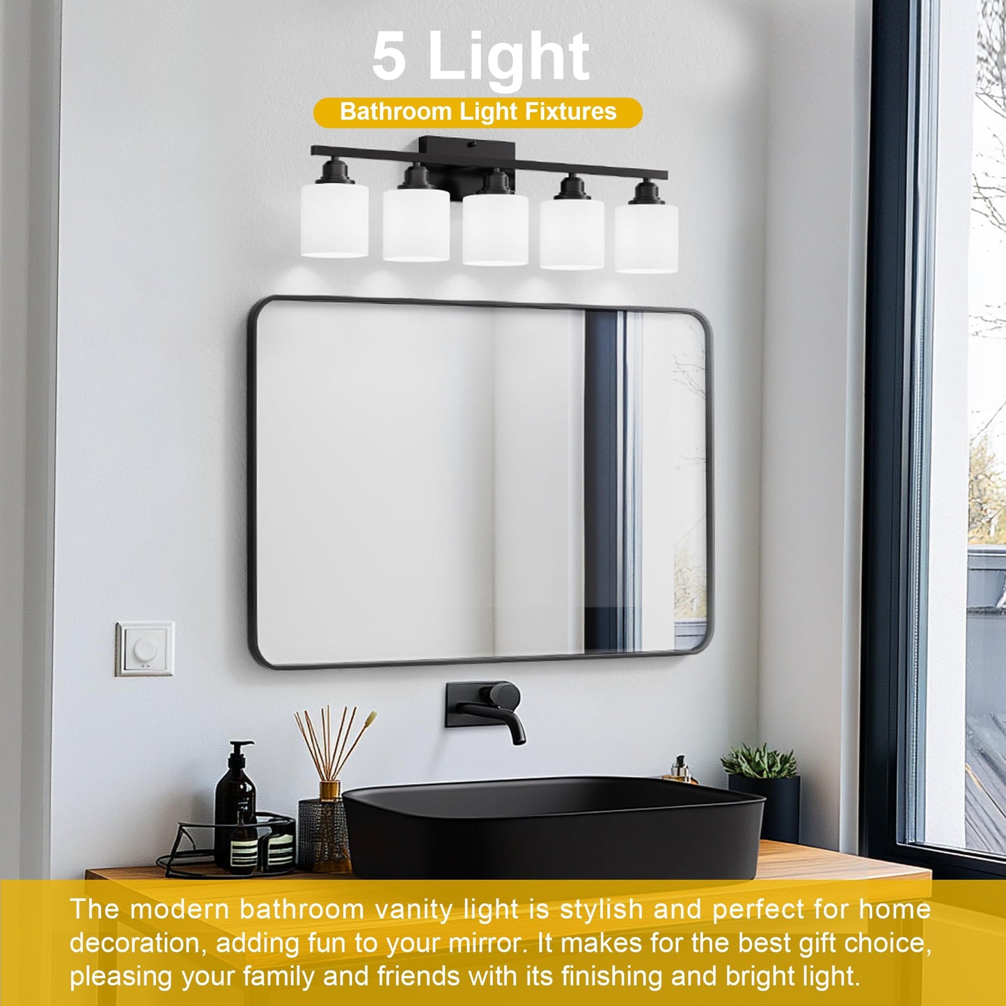 Sailstar 5-Light Bathroom Light Fixtures, Matte Black, Glass Shade, Model CP-JQD-H-001