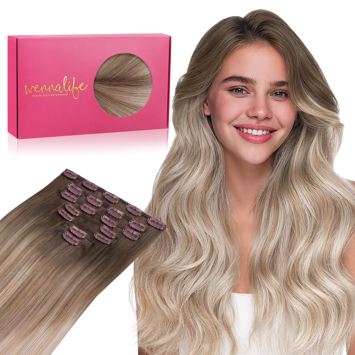 WENNALIFE Clip in Hair Extensions Real Human Hair, 16 Inch g 7pcs Balayage Sandy Brown to Platinum Blonde Remy Hair Straight Nat