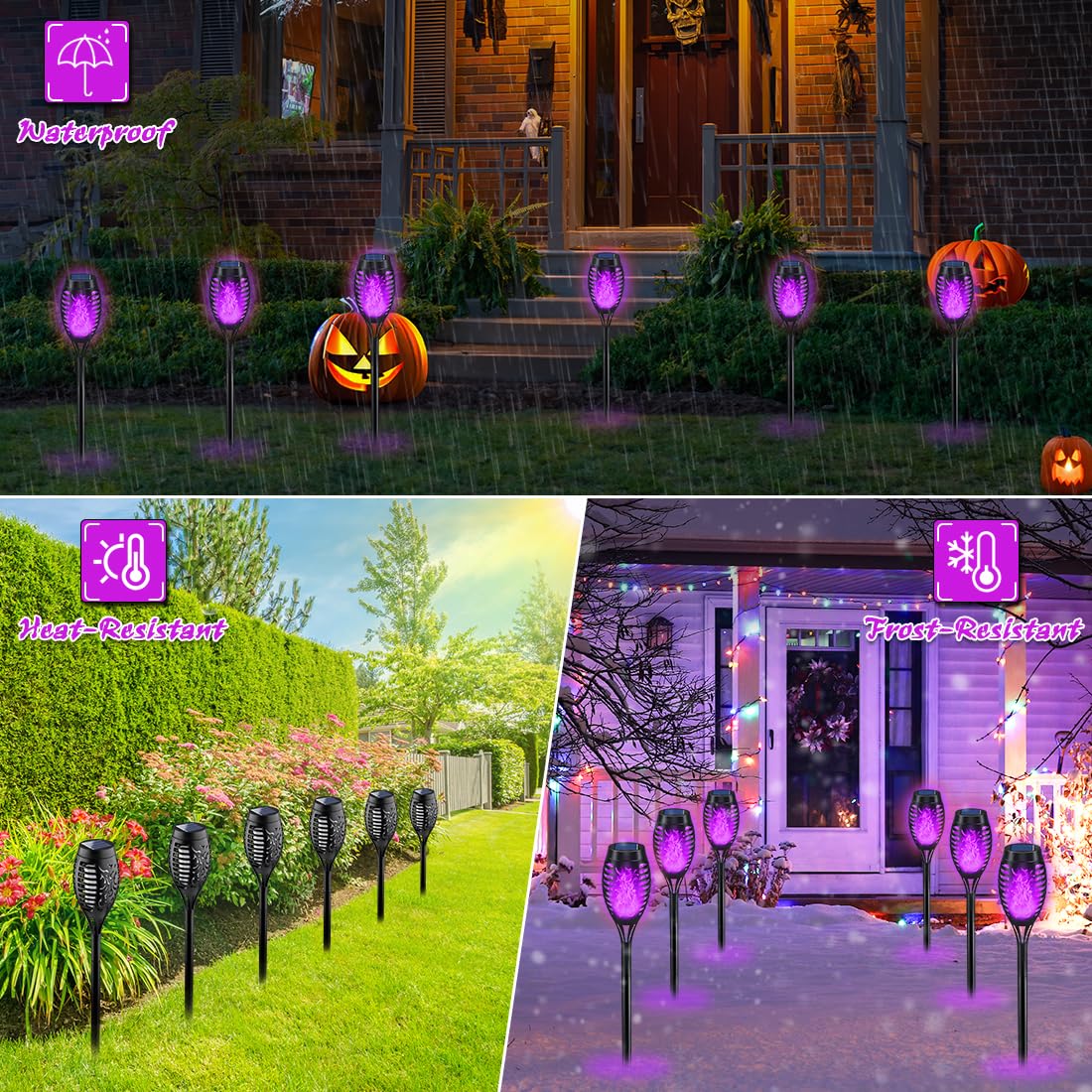 IkeeRuic Purple Solar Torch Lights, 6 Pack, Flickering Flame, Waterproof Outdoor Garden Pathway Decor