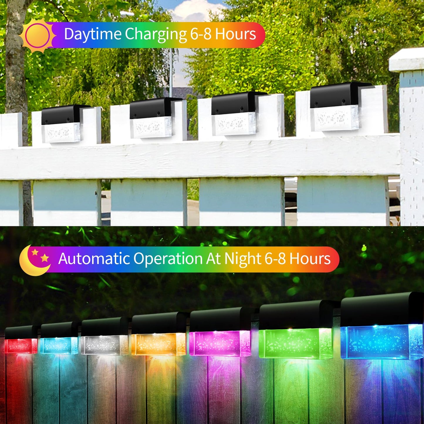 SUNFACE 6 Pack Solar Fence Lights, Acrylic Waterproof LED Deck Light, 2 Lighting Modes, Warm White/7 Color, Model SF-001