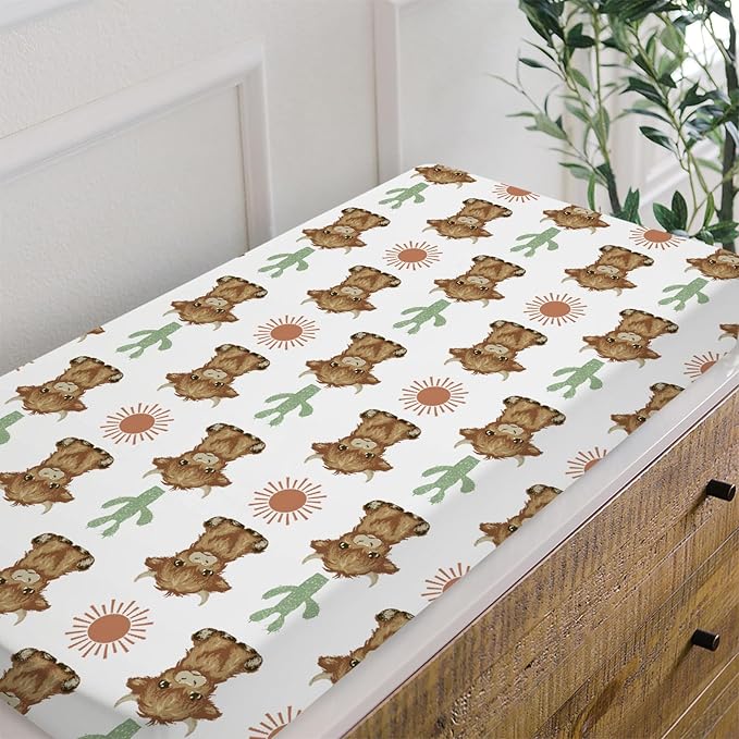HawSkgFub Highland Cow Boho Cactus Sun Changing Pad Cover for Baby Girls Boys, Western Hyland Cattle Diaper Change Table Covers, Soft Stretchy Safe Snug Fitted Changing Mat Sheets Fit 32"/34" x 16"