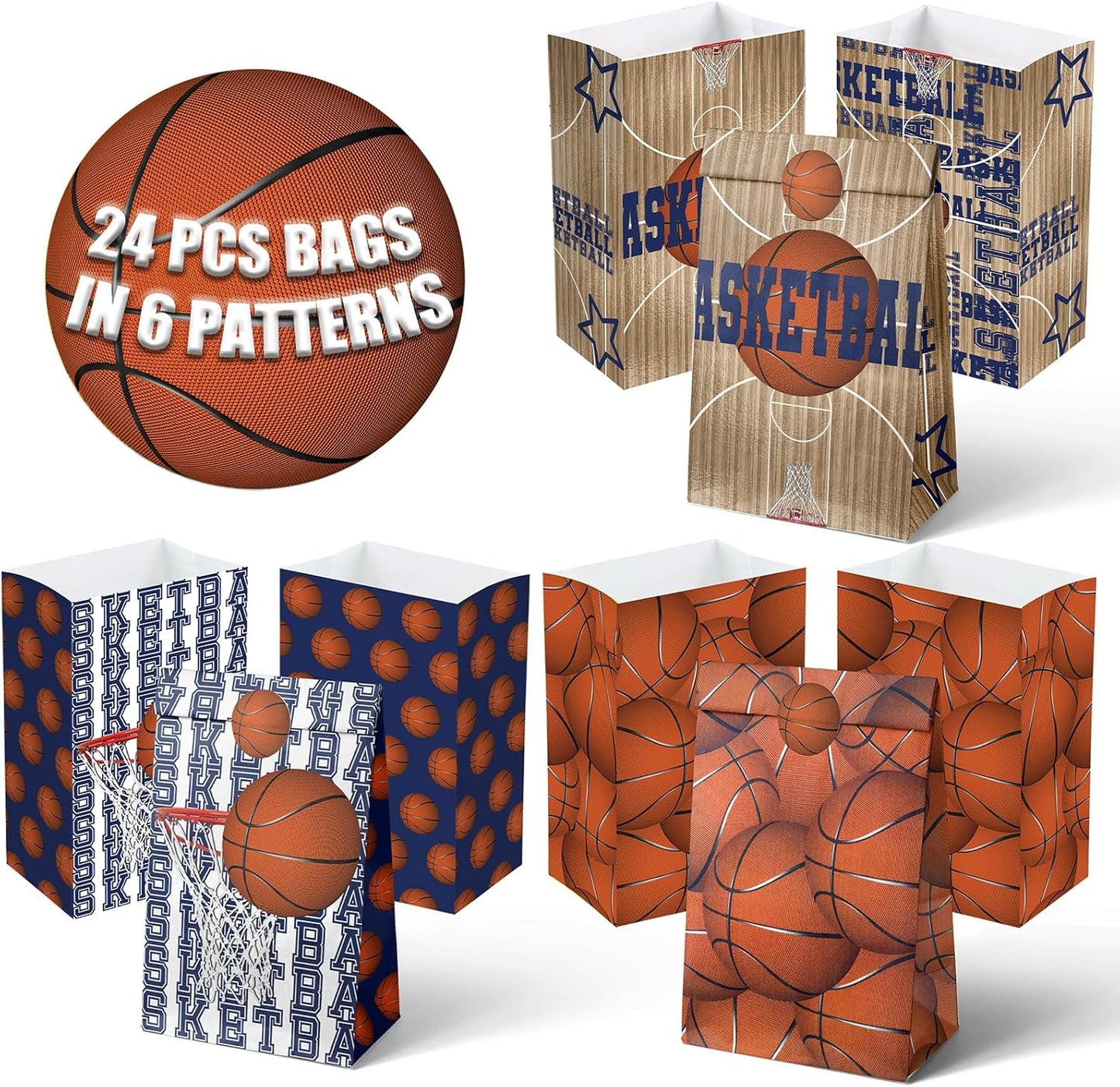 Basketball Party Favor Bags – 24 Pcs Basketball Gift Bags with 5 Designs, Paper Goodie Bags for Sports Theme Birthday Party Decorations and Supplies