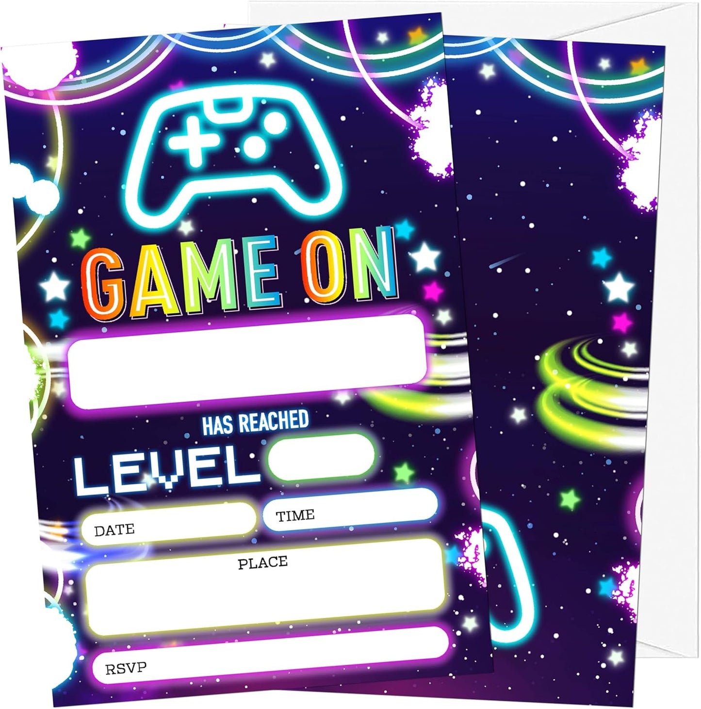 Video Game Birthday Invitations for Boys, 20 Invitation Cards with Envelopes, Neon Gaming Party Invites for Party Decorations Favor Supplies - A29