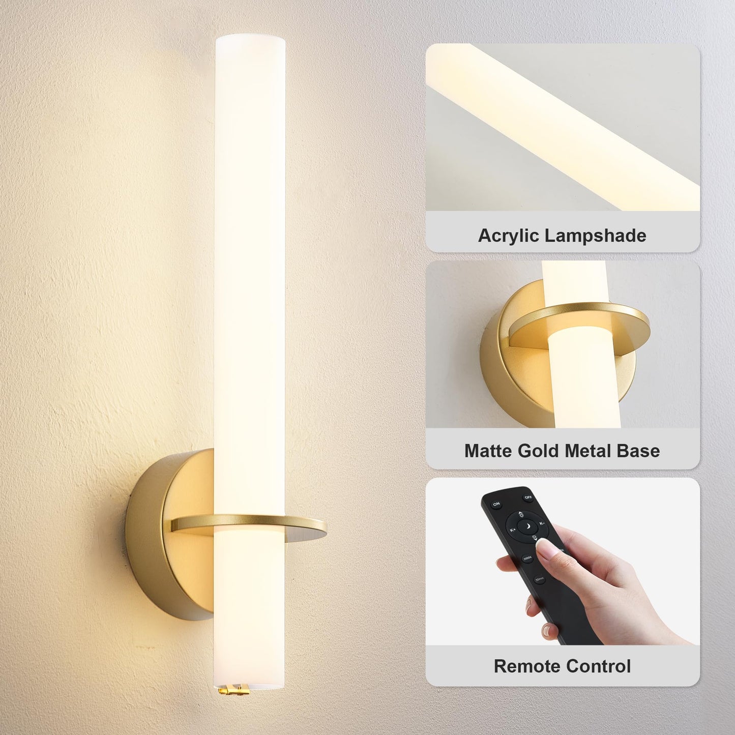 KARTOOSH Gold Wireless Wall Sconce Set of 2, Rechargeable, Dimmable, 18 Inch, 3000K-6000K, Model ZM331BGD46