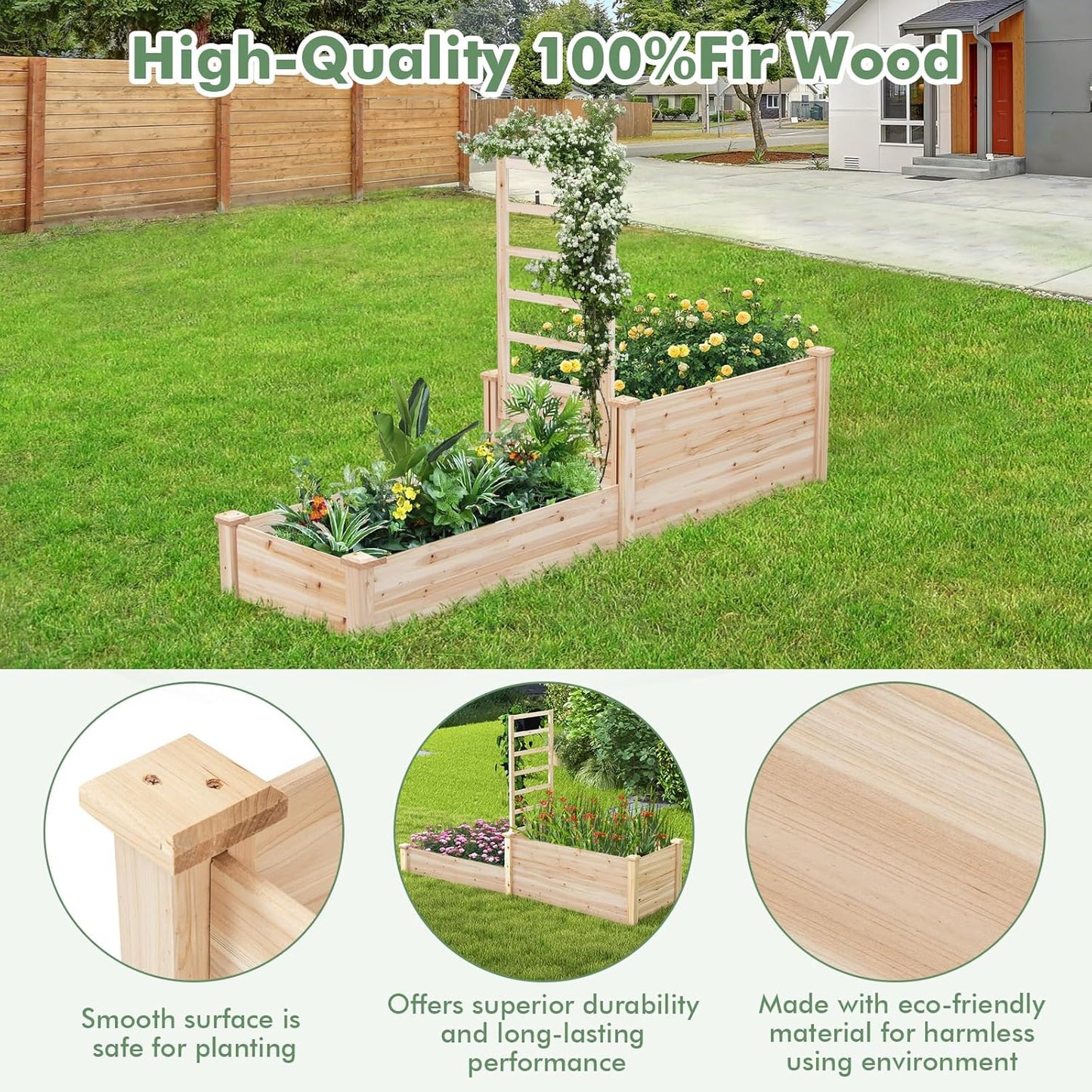 HAPPYGRILL Raised Garden Bed with Trellis, Wood Garden Box w/Open Base Design & 2 Compartments, Outdoor Wooden Planter Box Kit for Vine Climbing, Fruits, Vegetables, Flowers, Herbs, 88" x 25" x 53"