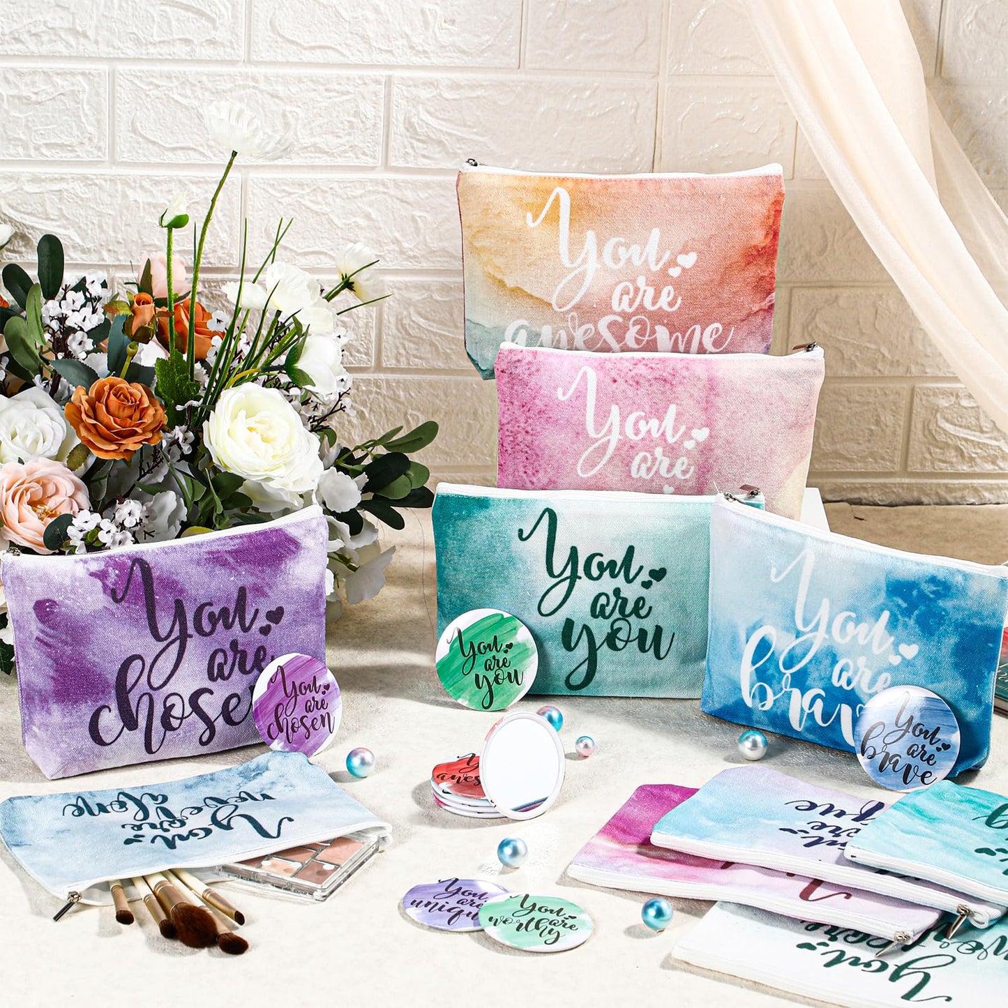 Vercraft 60 Pcs Employee Appreciation Gifts Inspirational Canvas Makeup Bags Compact Mirrors Bulk Cosmetic Bags Round Portable M