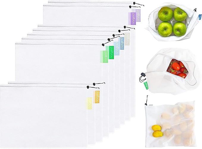 purifyou Essentials Bundle: Reusable produce bags (Set of 9) and extra-long silicone straws with case (Set of 4) – perfect for groceries, beach trips, and drinks.