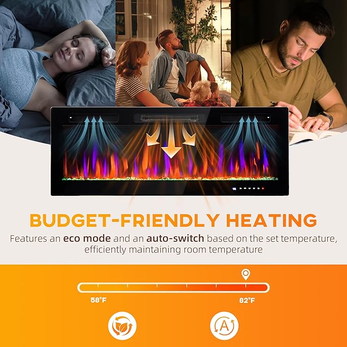 HOMCOM 50" Electric Fireplace Recessed and Wall Mounted with Remote, 750W/ 1500W Ultra-Thin Fireplace Heater and Linear Fireplace with Timer, 12 Color Flame Effect, Crystal, Black