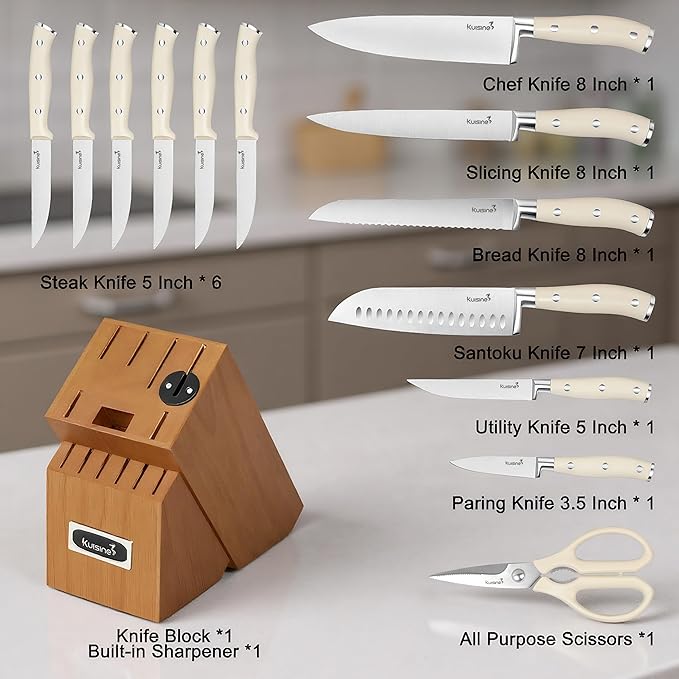 Kuisine Upgraded Kitchen Chef Knife Set,High Carbon Stainless Steel Ultra Sharp Blade Ergonomic Handle,Knife Block Set with Built-in Sharpener,Elegant Gift for Holiday(Acacia Ivory,15PCS)