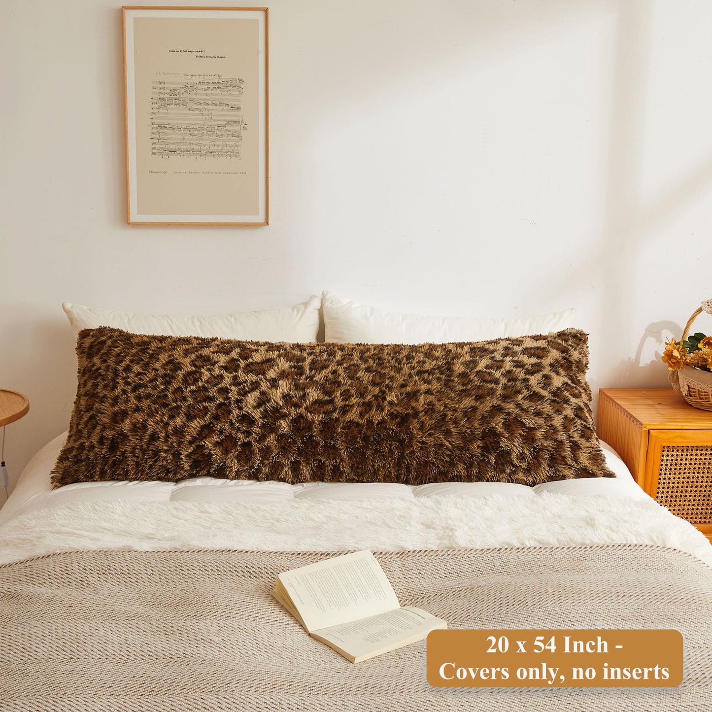 XeGe 20x54 Fluffy Leopard Print Body Pillow Cover, Cheetah Print Plush Fuzzy Faux Fur Body Pillowcase with Zipper, Farmhouse Shaggy Furry Long Pillow Cover for Pregnant Women Side Sleeper, Brown