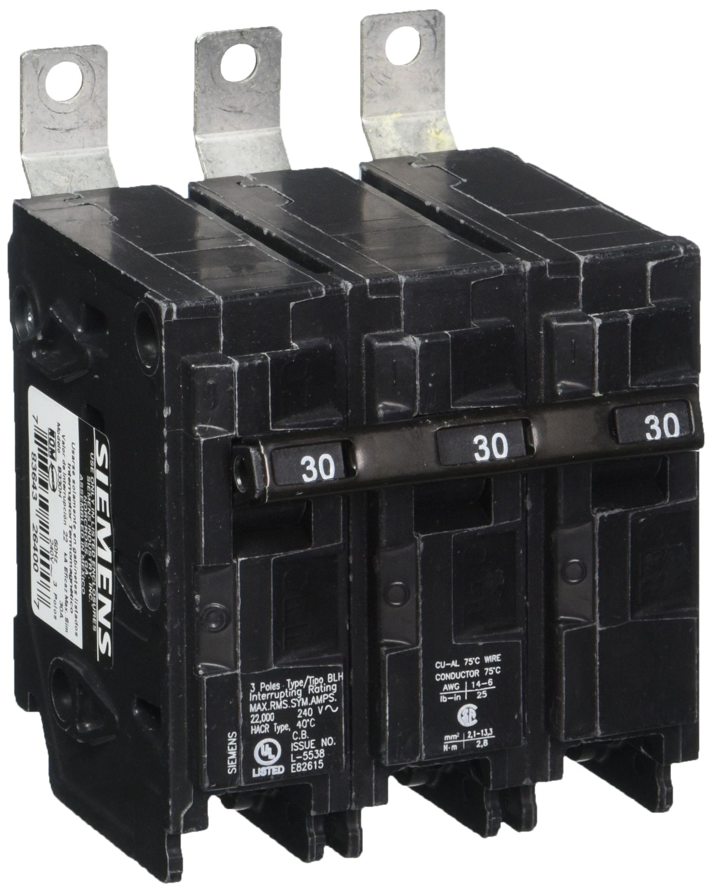 Siemens B330H 30-Amp Three Pole 240-Volt 22Kaic Bolt In Breaker