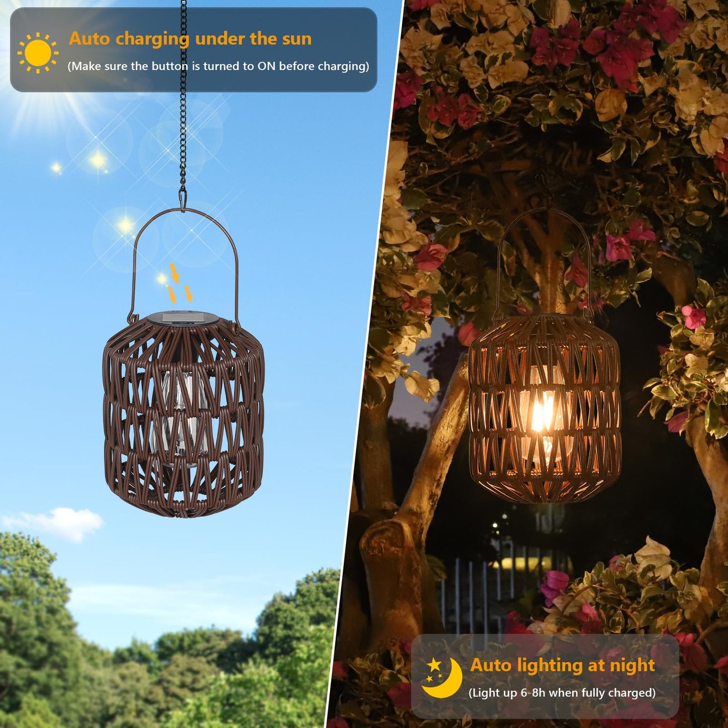 eyassi Rattan Outdoor Solar Lanterns, Waterproof Table Lamp, 2 Pack, Coffee, Plastic Rattan & Metal Frame, Model 250501A1