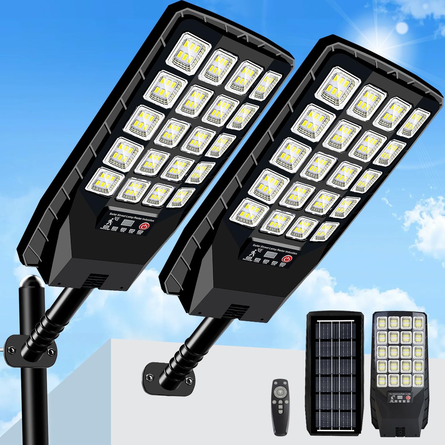 Yusist 2 Pack Solar Street Lights, 6500K 20000LM, Waterproof with Motion Sensor & Remote Control, Black, Model JX188-2