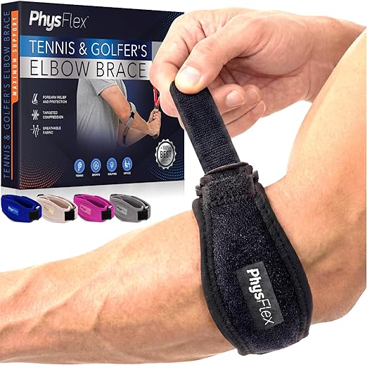 PhysFlex 2-Pack Elbow Brace for Men & Women, Adjustable Tennis & Golfer's Elbow Support Strap for Tendonitis Pain Relief -...