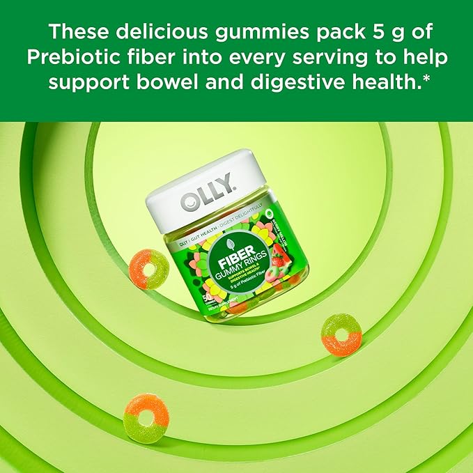 OLLY Fiber Gummy Rings, 5g Prebiotic Fiber, FOS (Fructo-oligosaccharides) & Multi + Probiotic Adult Multivitamin Gummy, 1 Billion CFUs, Digestive and Immune Support C