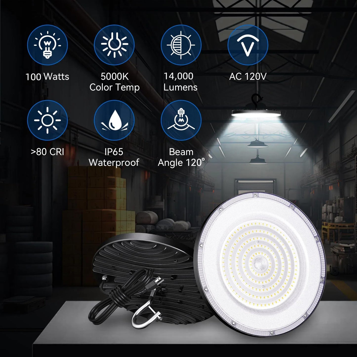10 Pack Ufo Led High Bay Light 100W  14000Lm 5000K Daylight High Bay Led Shop Lights With 5 Cable Us Hook  120V  Ip65 Waterproof Commercial Lighting Fixture For Warehouse Factory Barn Workshop