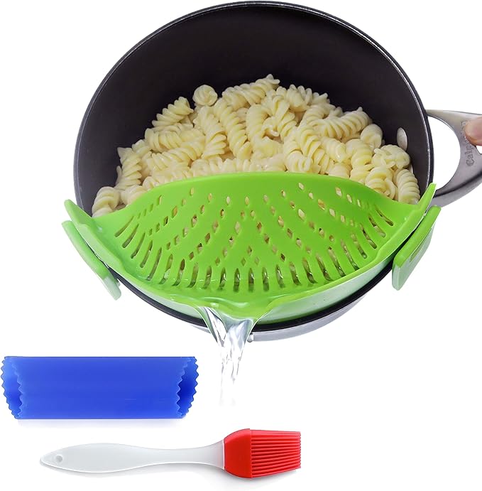 Clip On Kitchen Food Strainer for Spaghetti, Meat, Pasta, & Ground Beef Grease, Colander & Sieve Snaps or Clips Onto Bowls, Pots & Pans Includes Silicone Drainer, Brush & Garlic Peeler (Green)