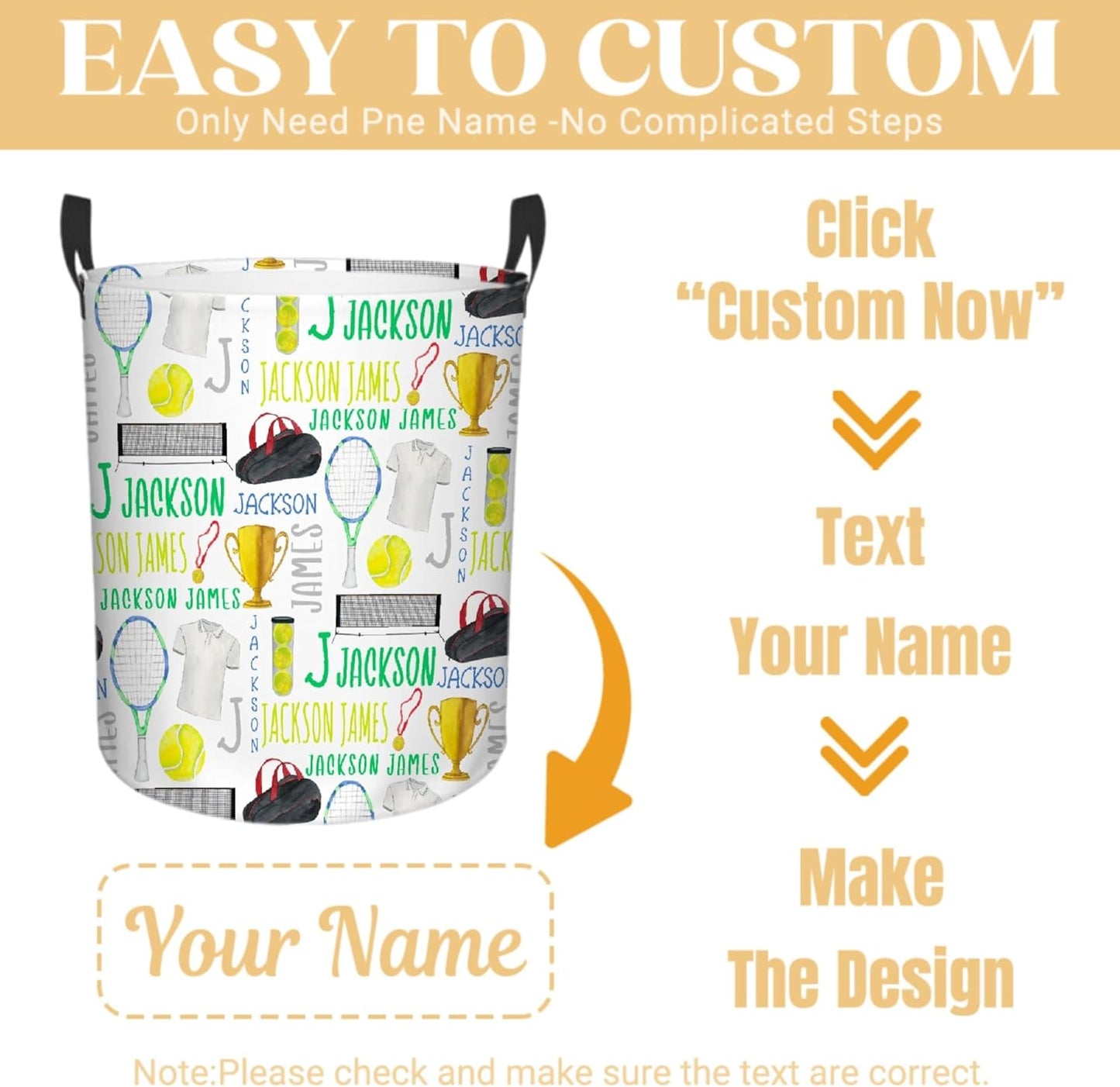 Personalized Tennis Laundry Basket, Custom Sports Laundry Hamper With Name Gifts For Kids Baby Adults, Collapsible Dirty Clothes Storage Organizer With Handles S 16.5 X 13.8in