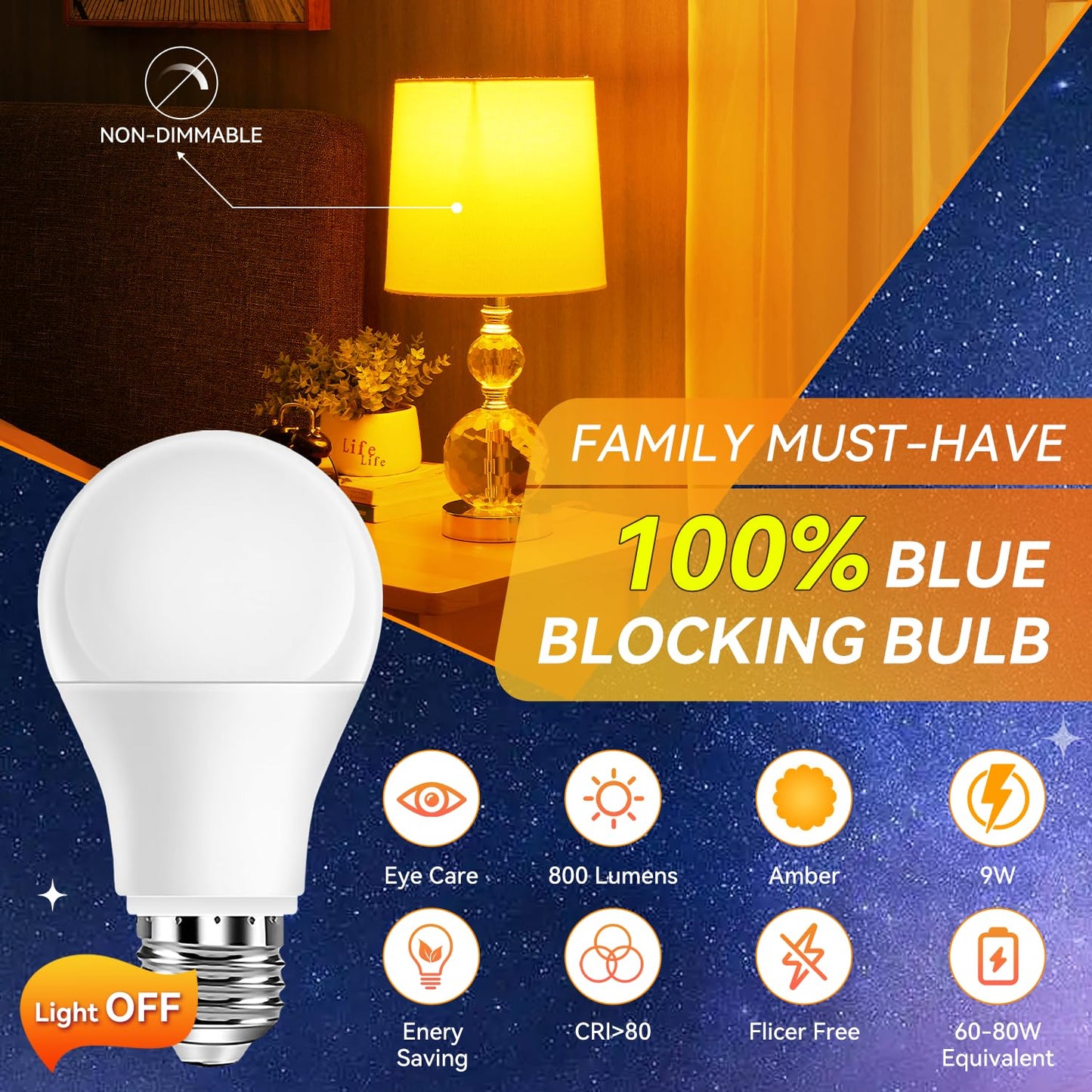 Neporal Amber Light Bulbs 9W, Soft Warm Sleep Light, 1800K, 3 Count, ABS Material