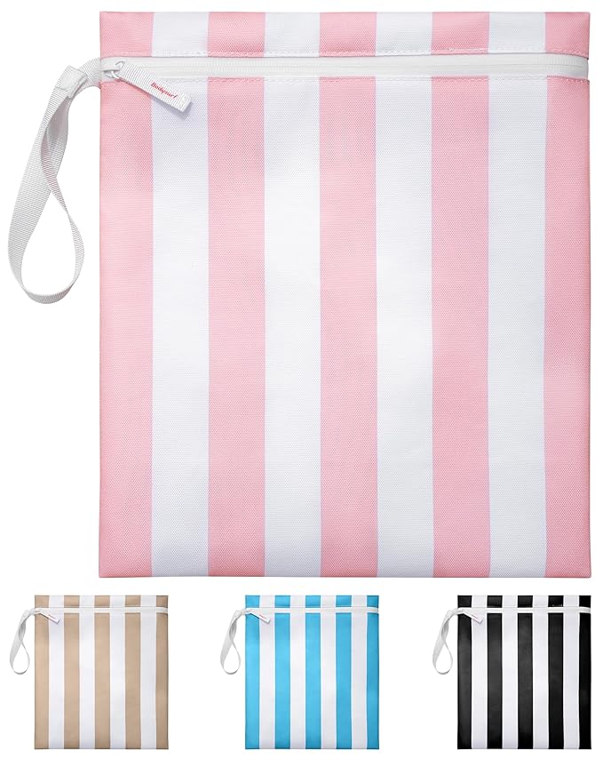 Bodysurf Wet Bags for Baby, Kids, Toddlers, Pump Parts, Cloth Diapers, Dirty Laundry - Wet Bag for Swimsuit, Beach, Pool, Gym, Travel - Reusable Waterproof Stripe Travel Toiletry Pouch - Dusty Pink