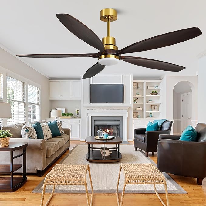 60" Ceiling Fan with Light and Remote,Reversible DC Motor,6Speed,Modern Natural Wood Ceiling Fan with Dimmable LED for Outdoor Patios Bedroom Living Room,Grey Walnut and Brass