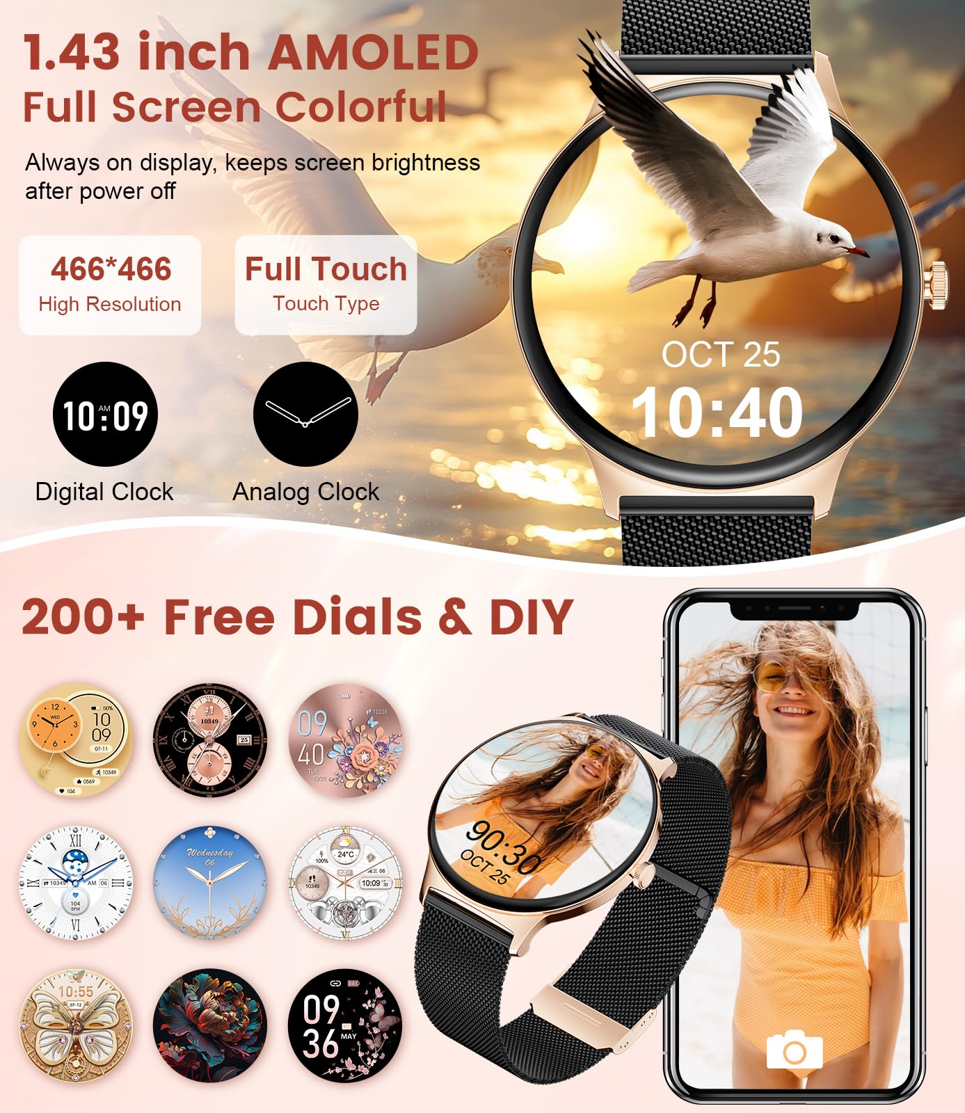 BENYAR SMART Smart Watches for Women, 1.43" AMOLED Screen Bluetooth Call Smartwatch, 120+ Sports Modes Fitness Tracker, Blood Oxygen Heart Rate Sleep Monitor for Android iOS Black Gold 2025