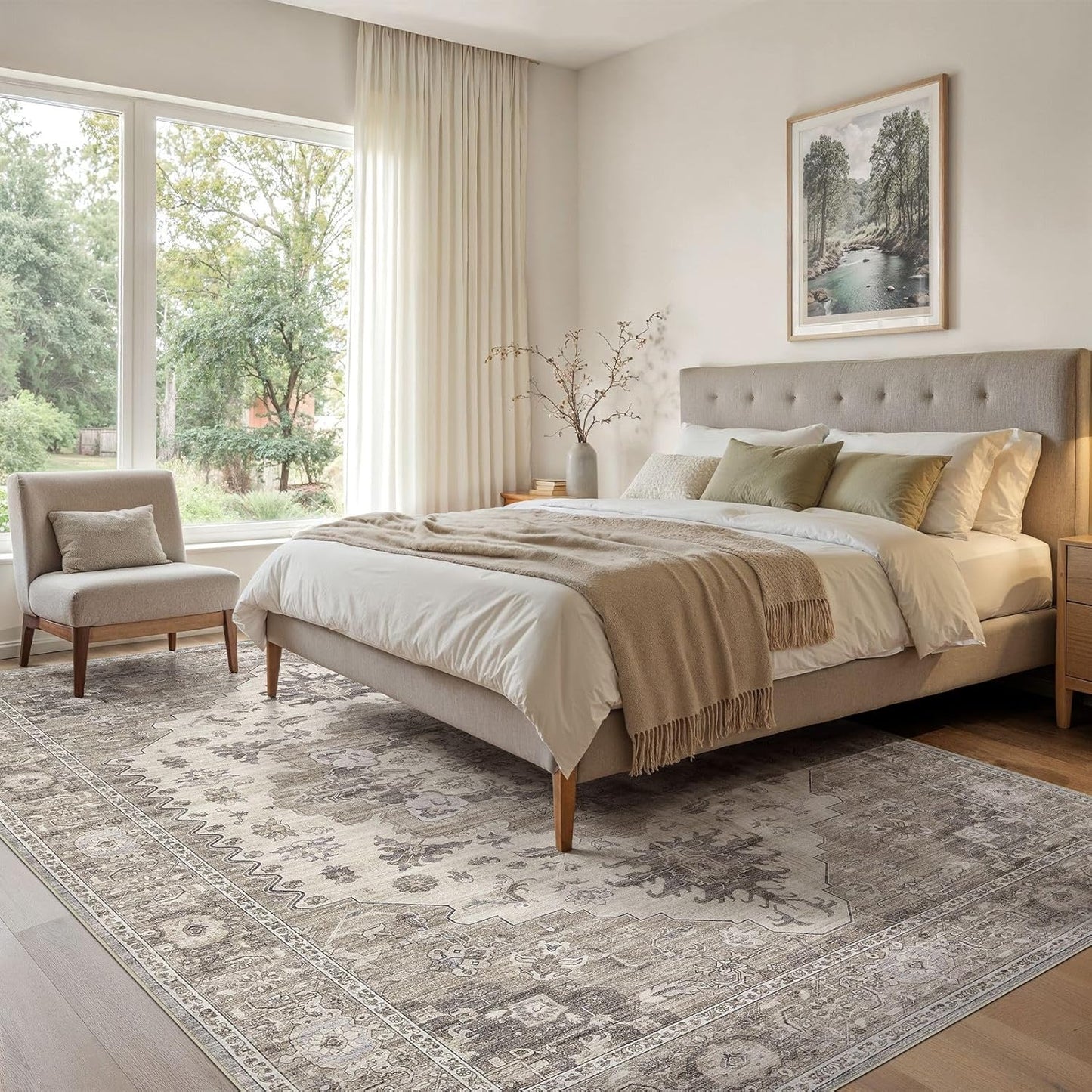 Washable Area Rugs for Living Room - 5x7 Neutral Vintage Distressed Floral Farmhouse Boho Large Soft Floor Rug Indoor Non Slip Carpet for Living Room Bedroom Dining Room Office -Brown/Beige
