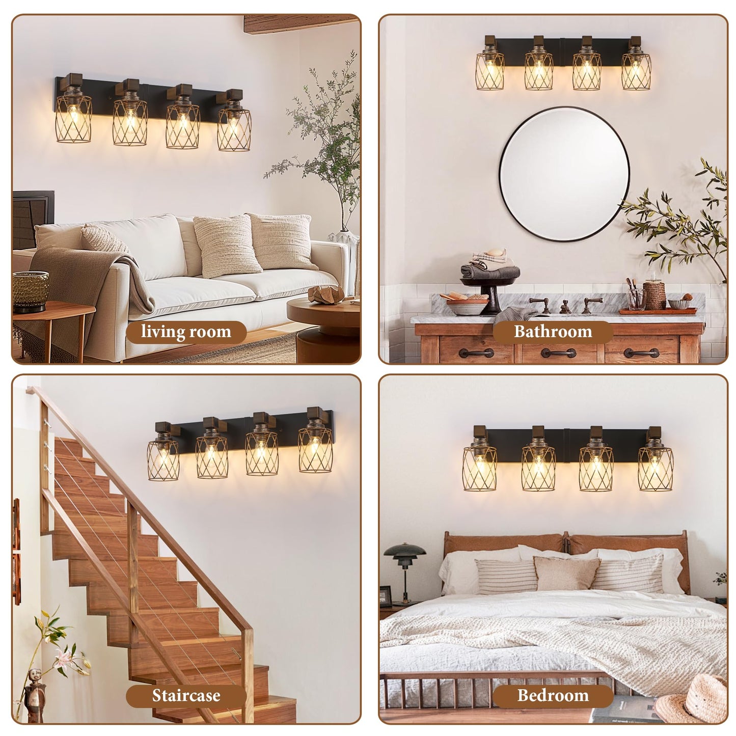 Farmhouse Bathroom Vanity Light  4-Light Wood Bathroom Light Fixtures Over Mirror  Black And Gold Industrial Vanity Lights With Metal Shade  Rustic Bathrooms Lighting For Living Room Bedroom Hallway