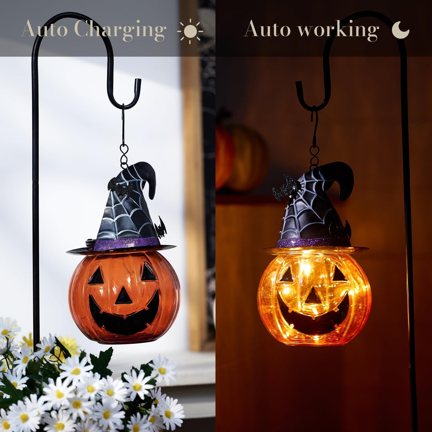 TERESAS COLLECTIONS Glass Solar Lantern, 36in Halloween Decoration, Orange Pumpkin Bats, Model TLS23GS193