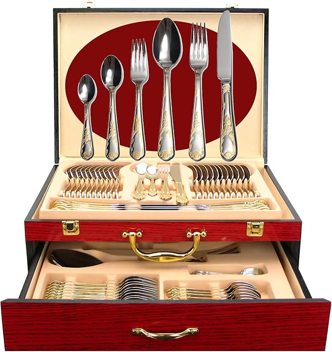 75-Pc Luxury Flatware Set for 12 w/Storage Case 24K Gold Premium Dining Cutlery Service - 18/10 Surgical Stainless Steel Silverware Hostess Serving Set in a Chest