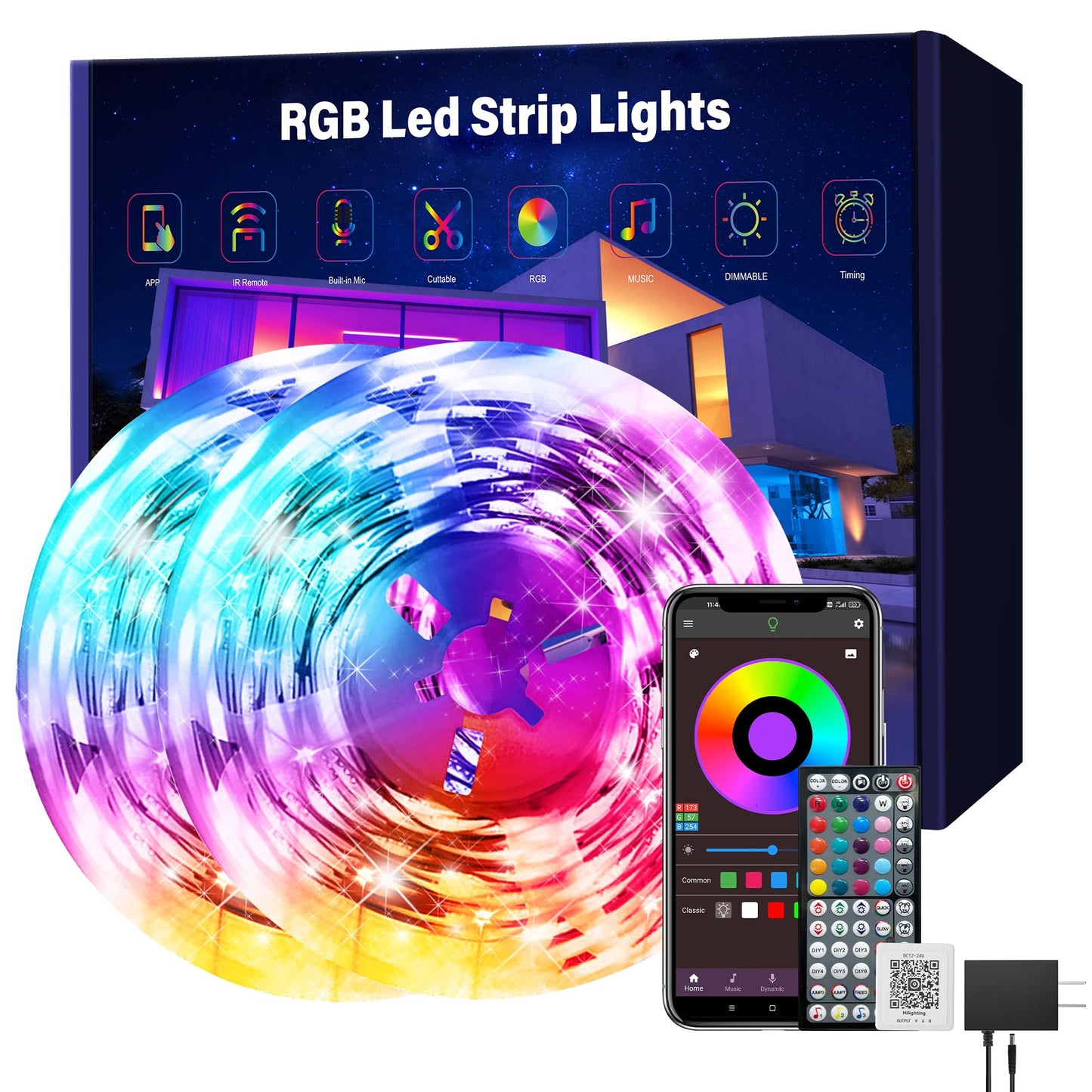 Ledagic RGB LED Strip Lights, 199ft (2 Rolls of 99.5ft), Music Sync, Remote Control, Color Changing, Plastic, White, Model Led-rgb006-4