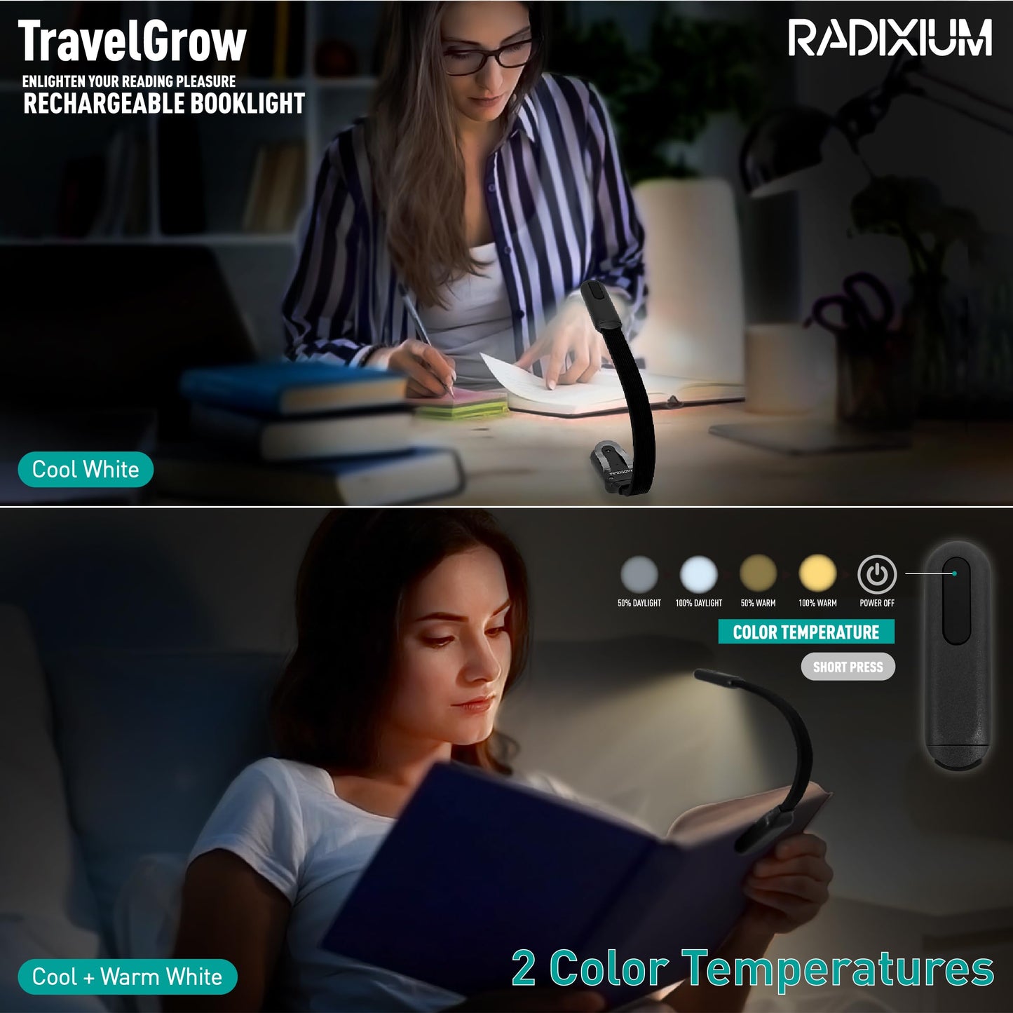 Radixium Slim Rechargeable Book Reading Light  Eye Caring Led With 4 Color Temperatures  Portable Clip On Book Light For Reading In Bed & Travelling. Prefect Elegant White Gift For Book Lover.(Grey)
