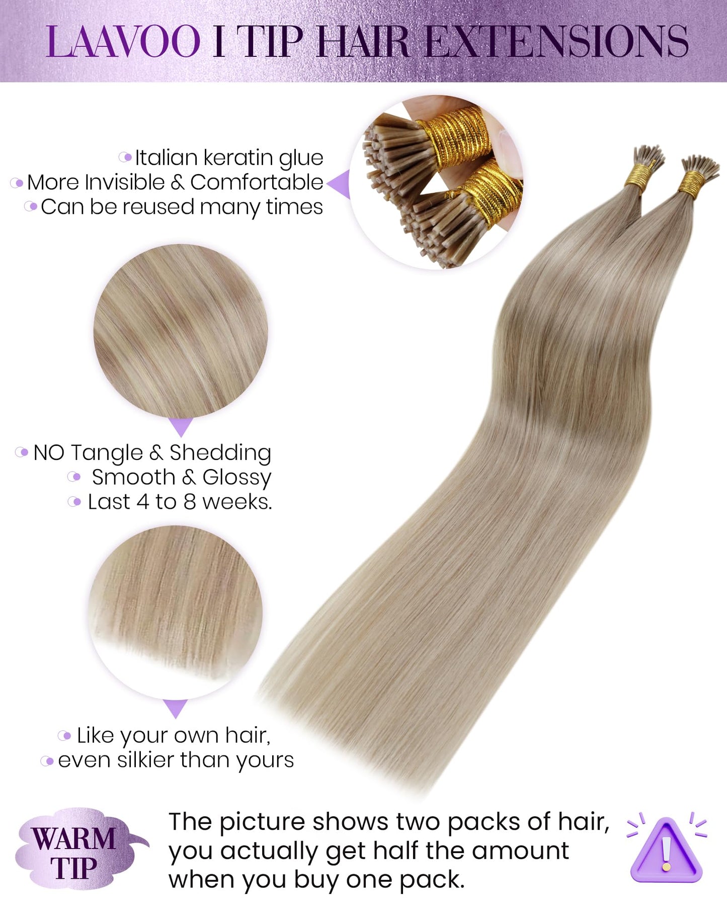 LaaVoo Itip Human Hair Extensions Blonde I Tips Hair Extensions Real Human Hair Ash Blonde Highlighted Bleach Blonde Soft 60s Re