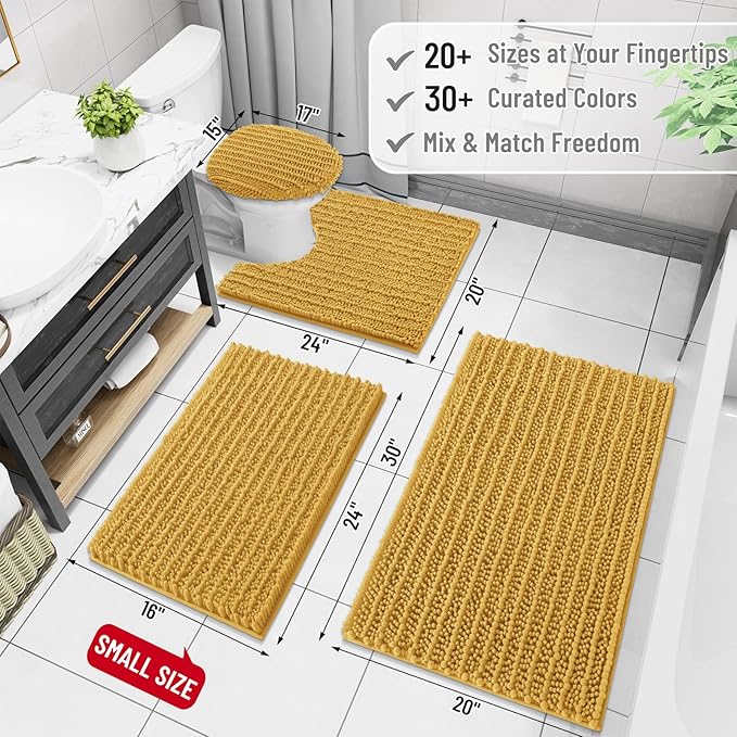 Arotive Luxury Chenille Bathroom Rug Mat, Extra Soft Thick Absorbent Shaggy Bath Rugs, Non-Slip Machine Wash Dry, Plush Bath Mats for Bathroom, Shower and Tub, 30x20, Golden Yellow