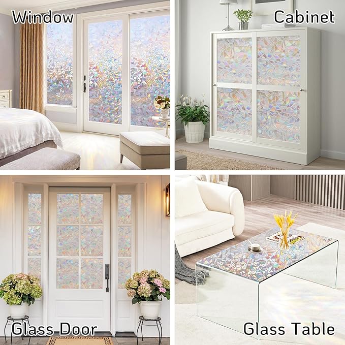 LUTE Window Privacy Film, Rainbow Window Film, 3D Decorative Stained Glass Cling, Non-Adhesive Vinyl Static Cling Removable Glass Stickers, Sun UV Blocking Decal Covering for Home, 35.4 x 78.7 inches