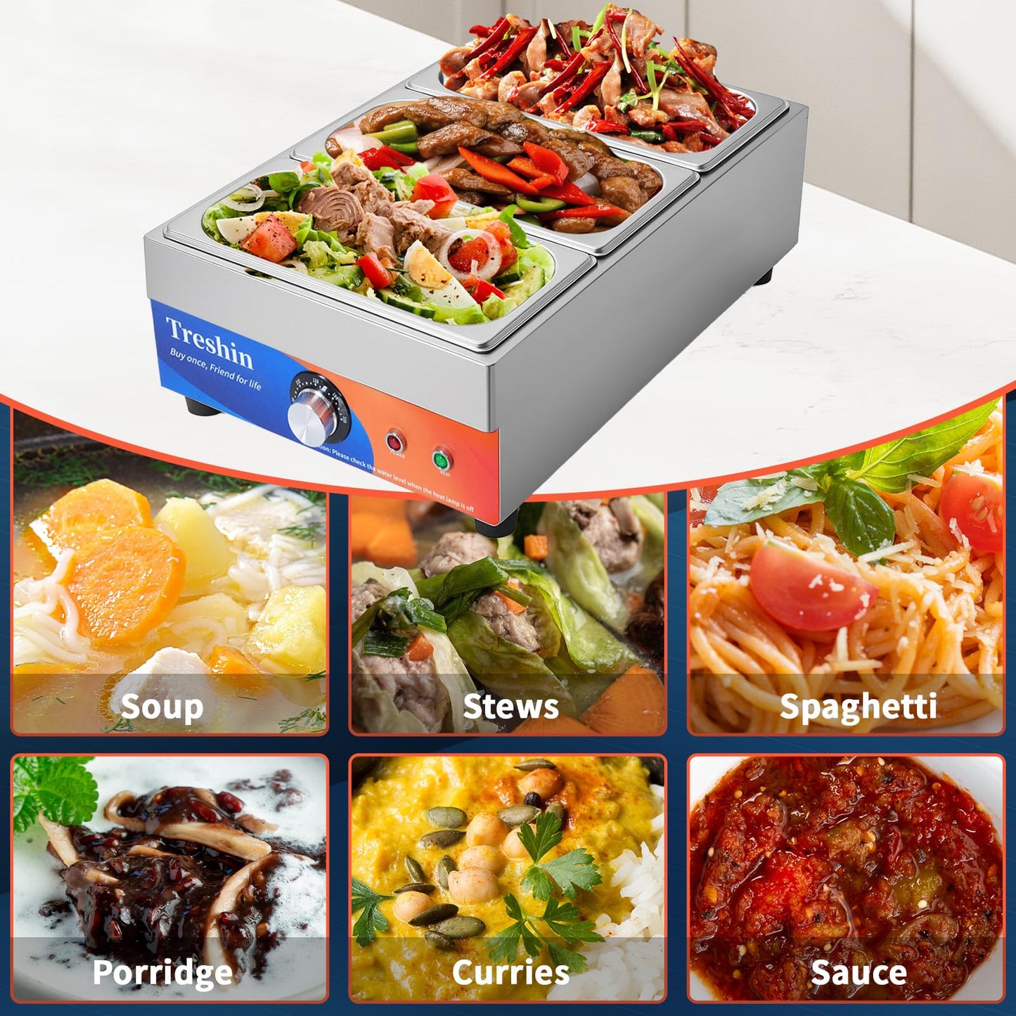 Treshin 3 Pan Commercial Food Warmer, Stainless Steel Bain Marie Food Warmers Steam Table 15 Qt 1200W with Temperature Control & Lid for Home, Catering, Restaurants