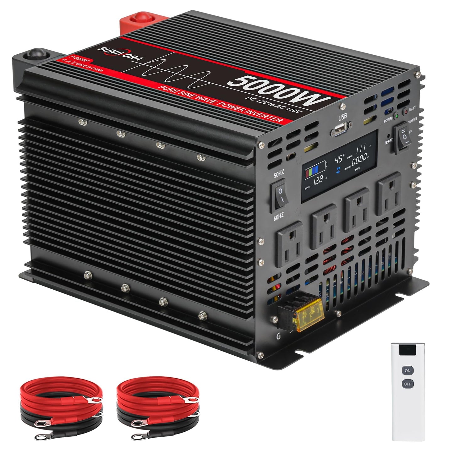 Sunivora 5000 Watt Pure Sine Wave Power Inverter With Lcd 12V Dc To 110V/120V Ac Peak Power 10000W Car Power Inverter With 4 Ac