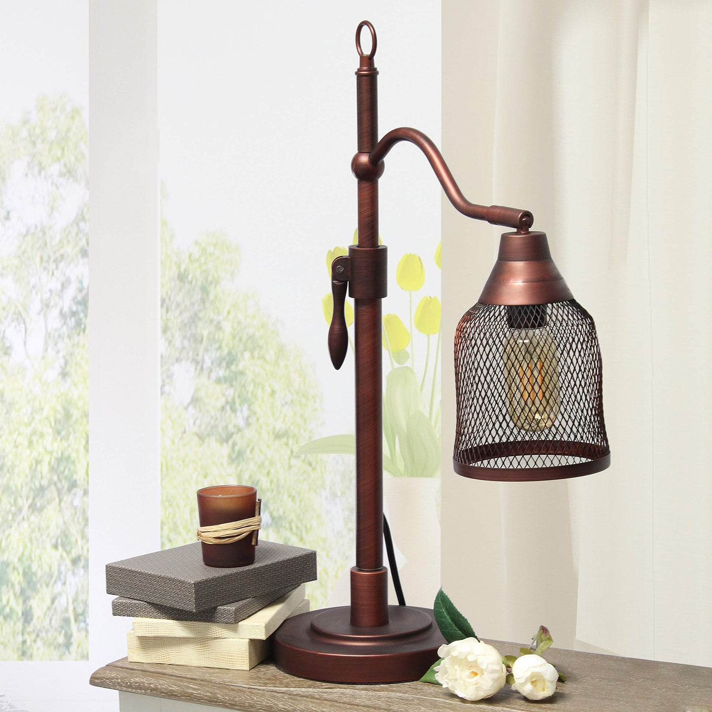 Elegant Designs LT1059-RDB Adjustable Table Lamp, Metal Netted Shade, Red Bronze