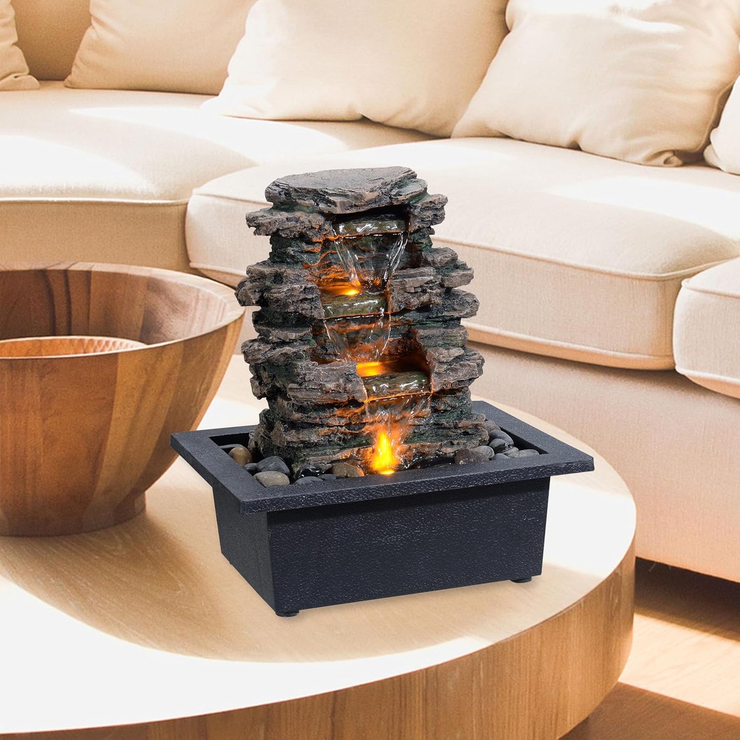 Tabletop Water Fountain, Home Décor Soothing Sound Machine with Automatic Pump, Deep Basin and Natural River Rocks. Indoor Zen Relaxation for Office, Living Room, or Bedroom Décor.