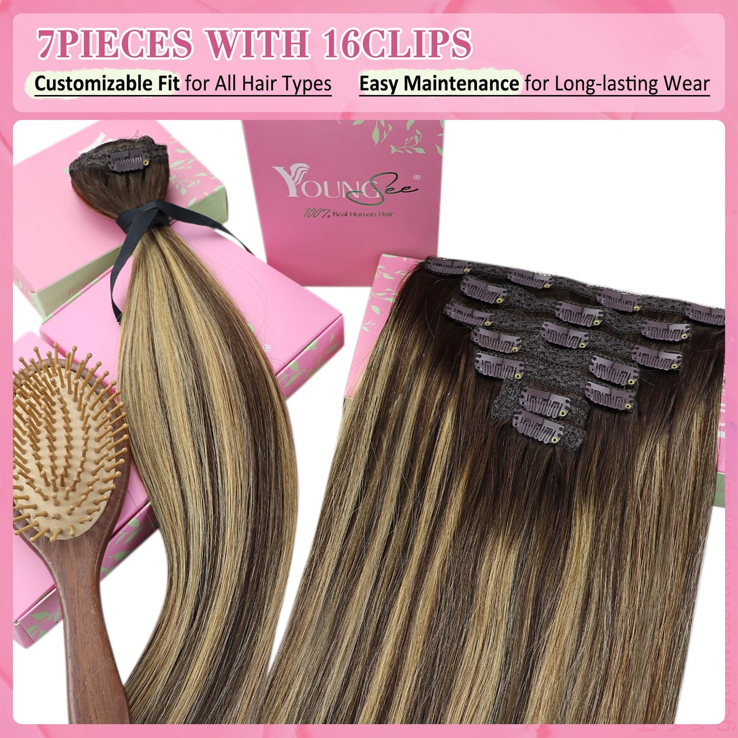 YoungSee Clip in Human Hair Extension Balayage Hair Clip in Extensions Chocolate Brown Balayage Caramel Brown Clip in Hair Exten