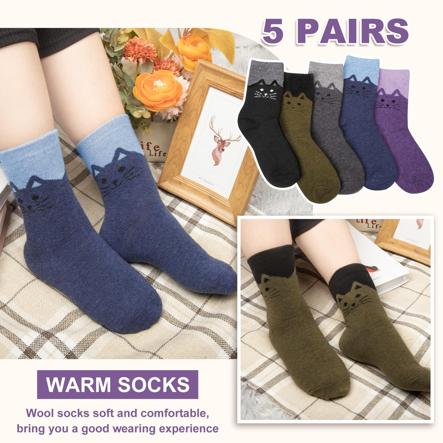 Justay 5 Pairs Womens Wool Socks - Thick, Warm, Winter, Cozy Vintage Knit Cat Crew Socks - Gifts for Women