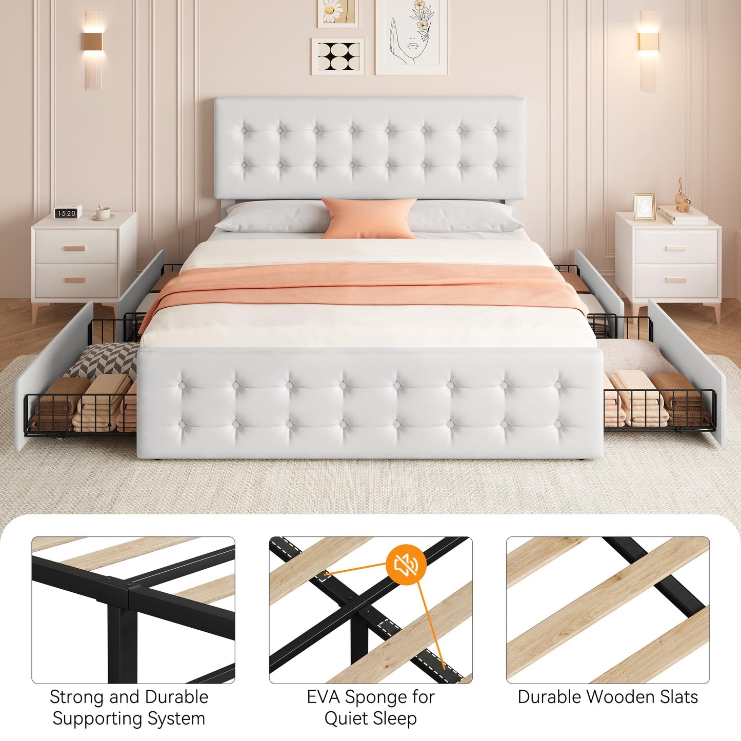 GAOMON King Size Bed Frame with 4 Storage Drawers and Headboard, Faux Leather Upholstered Platform Bed Frame with Wooden Slats Support, Button Tufted Design, No Box Spring Needed, White
