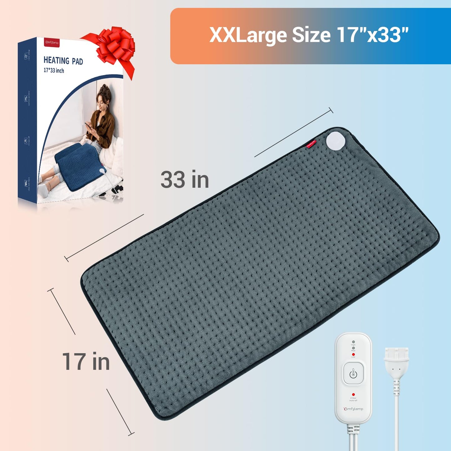 Comfytemp 17''x 33'' King Size Heating Pad for Back & Period, FSA Eligible Items Only List, HSA Approve Extra Large Cute Heating Pad XXL, Electric Heat Pad for Neck/Shoulder/Knee, Washable, Gray
