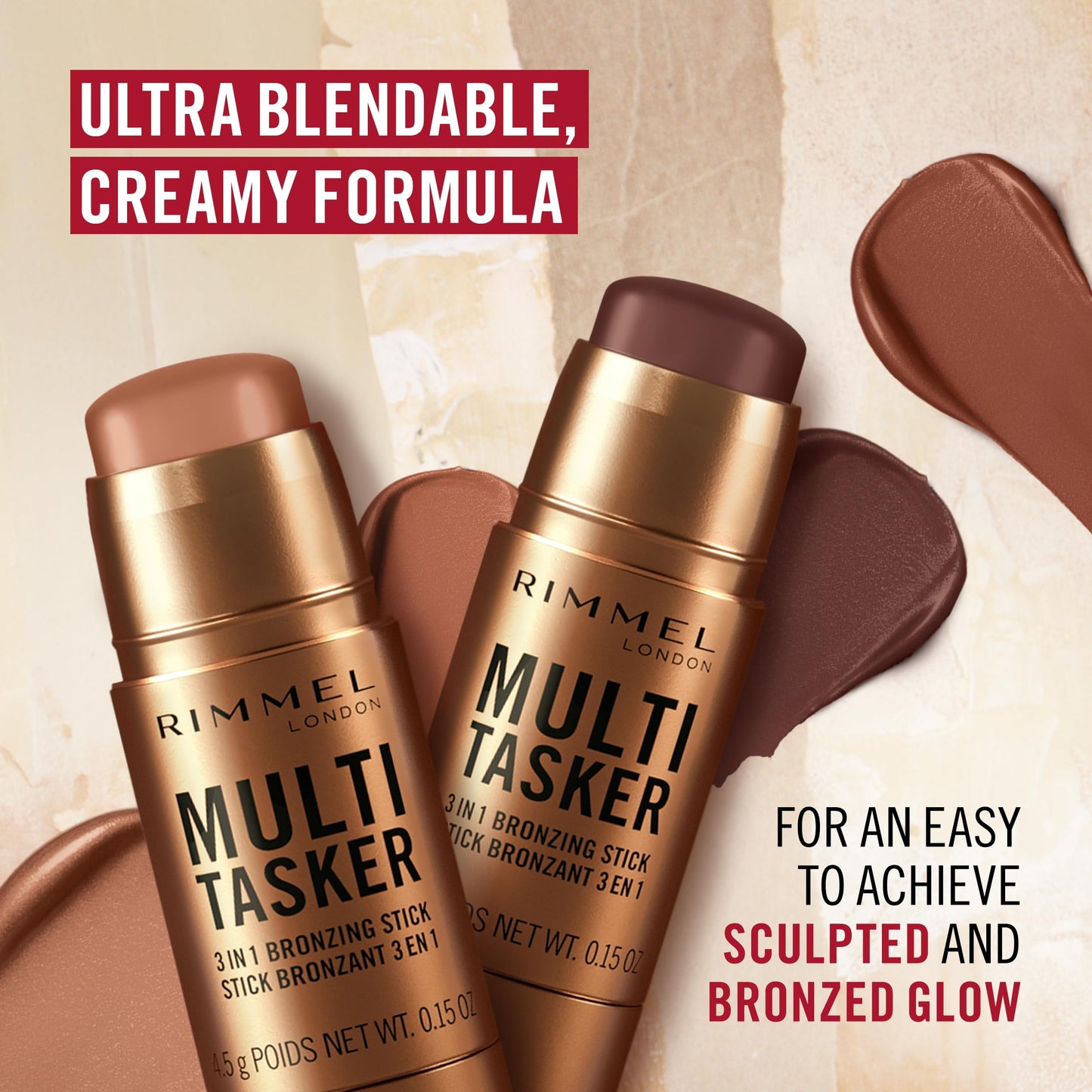 Rimmel Multi Tasker 3 in 1 Bronzing Stick, 004 Deep, Sculpted and Bronzed Glow, All-Day Wear, Sheer and Dewy Finish, Infused wit