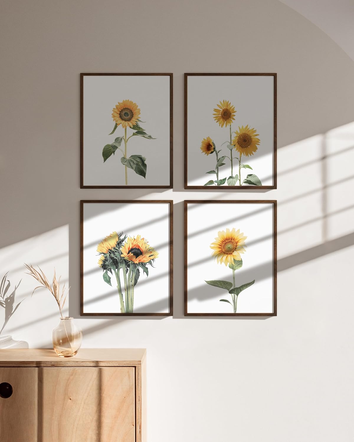 HAUS AND HUES Sunflower Wall Decor - Set of 4 Framed Flower Posters, Yellow Floral Art Prints, Collage Wall Art for Bedroom, Botanical Paintings and Room Decor (Framed Walnut, 8x10)