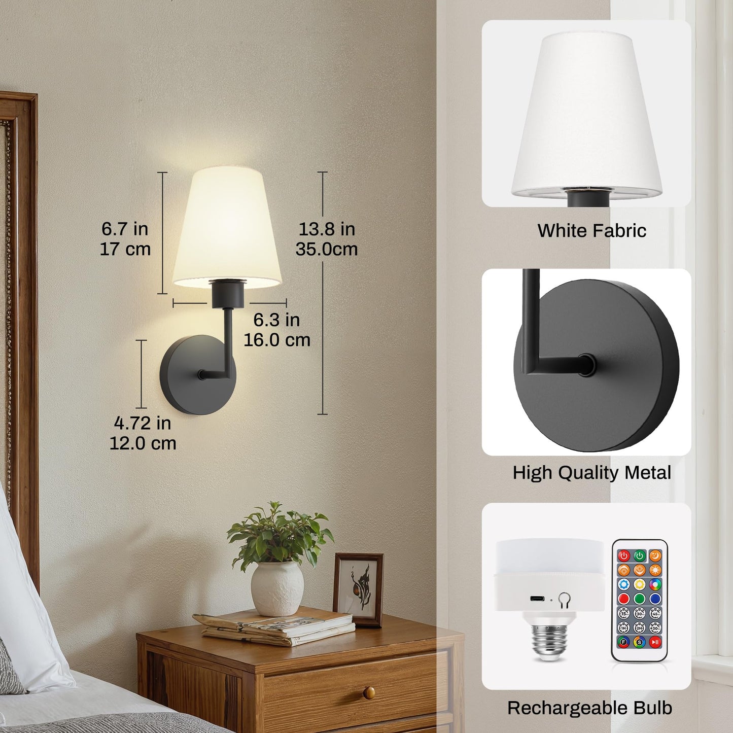 Doresshop Battery Operated Wall Sconce Set Of 2  Wall Light Wireless Easy To Install  Dimmable And Adjustable Sconces Wall Decor  Rechargeable Wall Lamp For Bedroom  Living Room  Black 13.8In