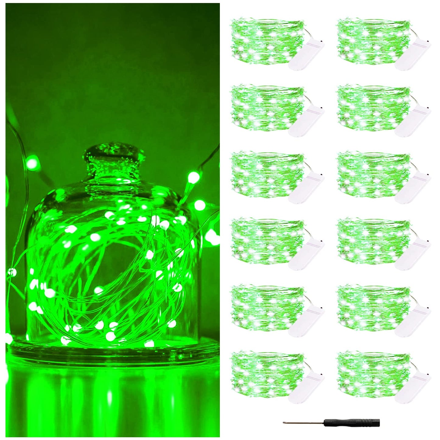 Bexdir 12 Pack Fairy Lights - 7Ft Waterproof Silver Wire String Lights, Battery Operated, Green Copper Mini Lights For Home Decor