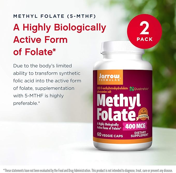 Jarrow Formulas Methyl Folate 400 mcg - 60 Veggie Caps, Pack of 2 - Highly Biologically Active Form of Folate - 4th Generation Folic Acid Technology - 120 Total Servings