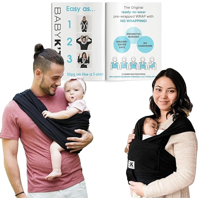 Original Baby K'tan Baby Carrier: #1 Easy Pre-Wrapped, Soft, Slip-On, No Rings, No Buckles | 5 in 1 Baby Sling Gift | The Best Hands Free Infant Wrap | Black | Medium