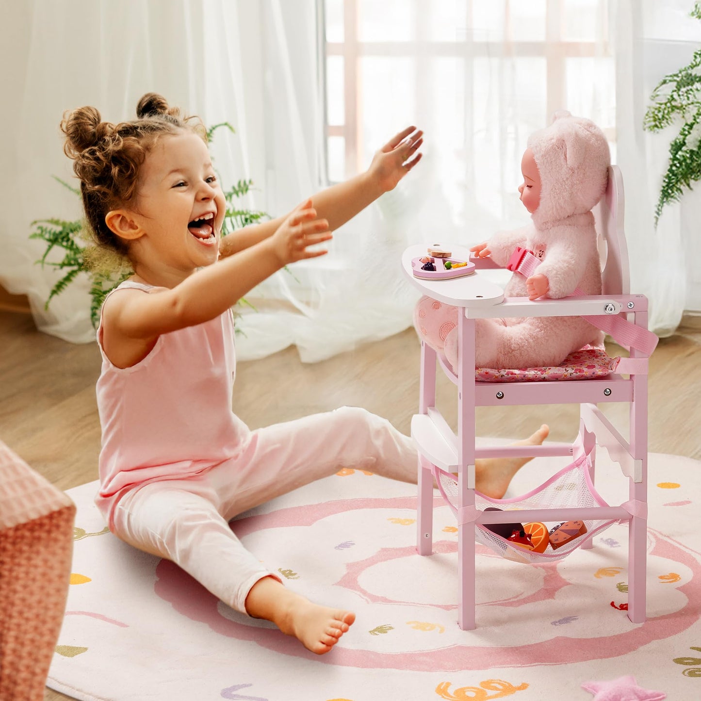 ROBOTIME Wooden Baby Doll High Chair – Pretend High Chair Toys for 18" Dolls – Doll Feeding Chair Toy with Tray – Baby Doll Furniture for Girls Ages 3+